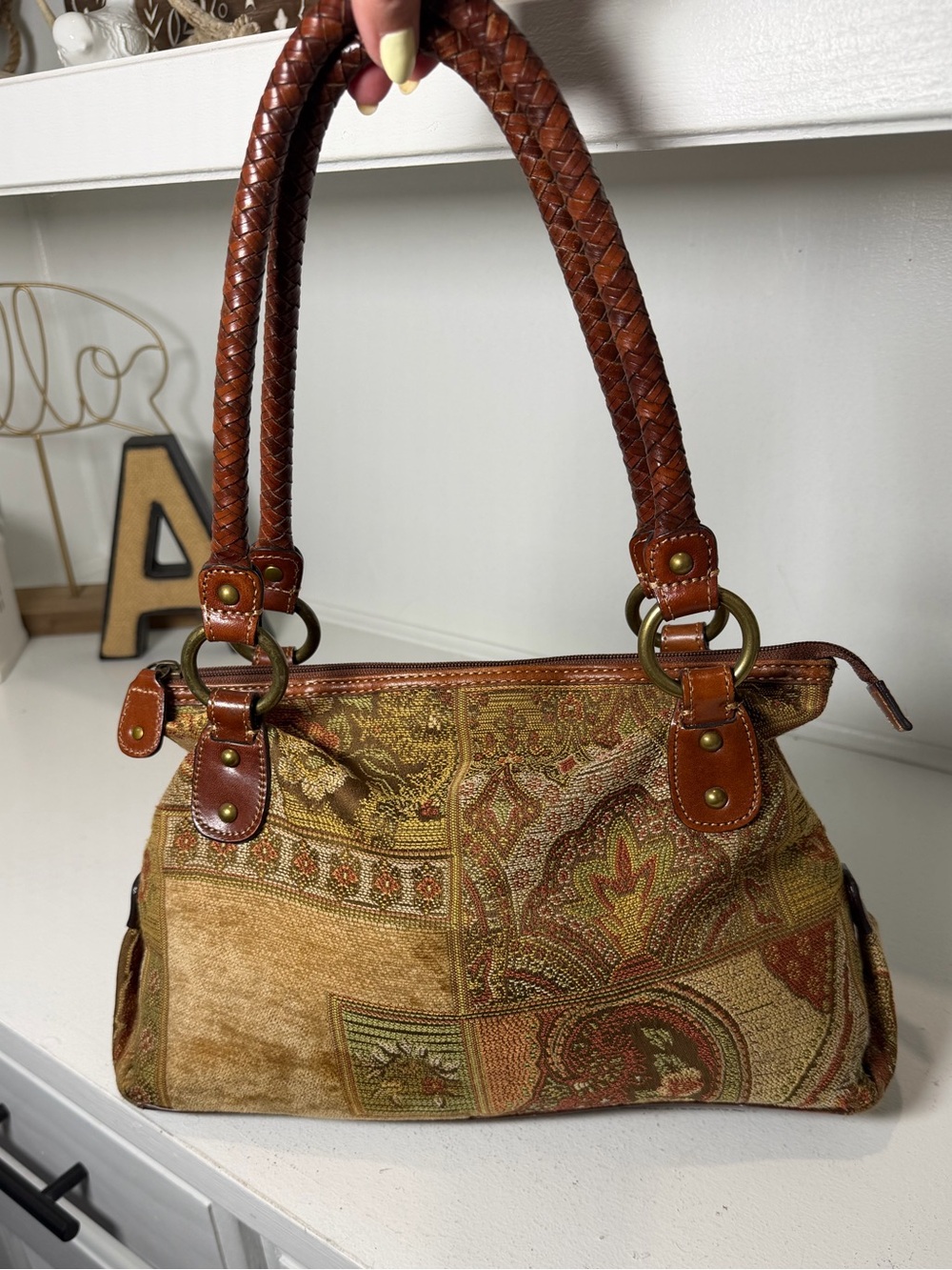 Fossil Tapestry Paisley Shoulder Bag Brown Leather Boho Y2K Purse